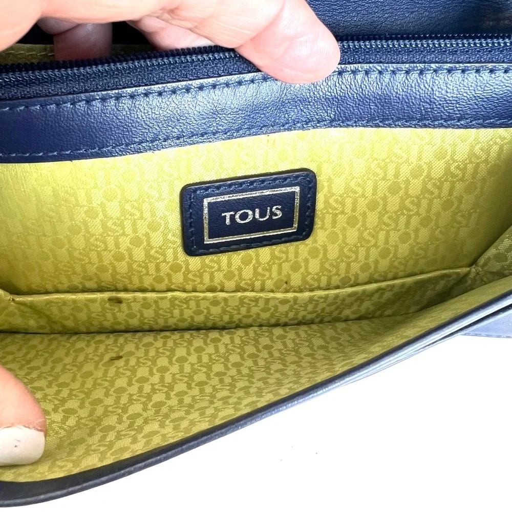 TOUS Navy Pebbled Genuine Leather Silver Bear Tous Logo Scarf and Flap Wallet